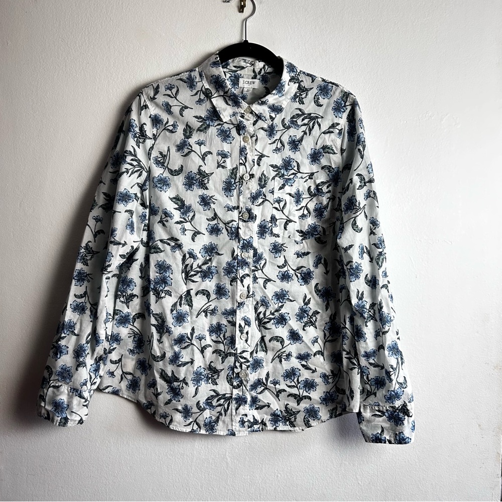 J.Crew Blue Floral Print Cotton Button Front Shirt Size Large